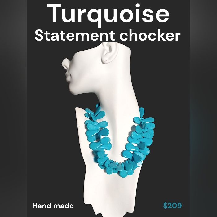 Real Turquoise Chunky Chocker Necklace, One Of A Kind - Handmade Nwt